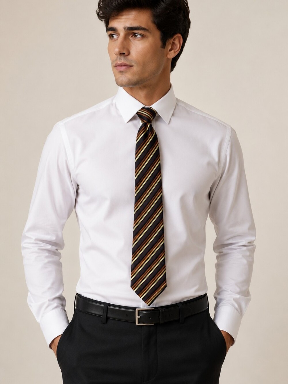 Men's Striped Tie in Black, Brown and Cream - Sleek Office Accent